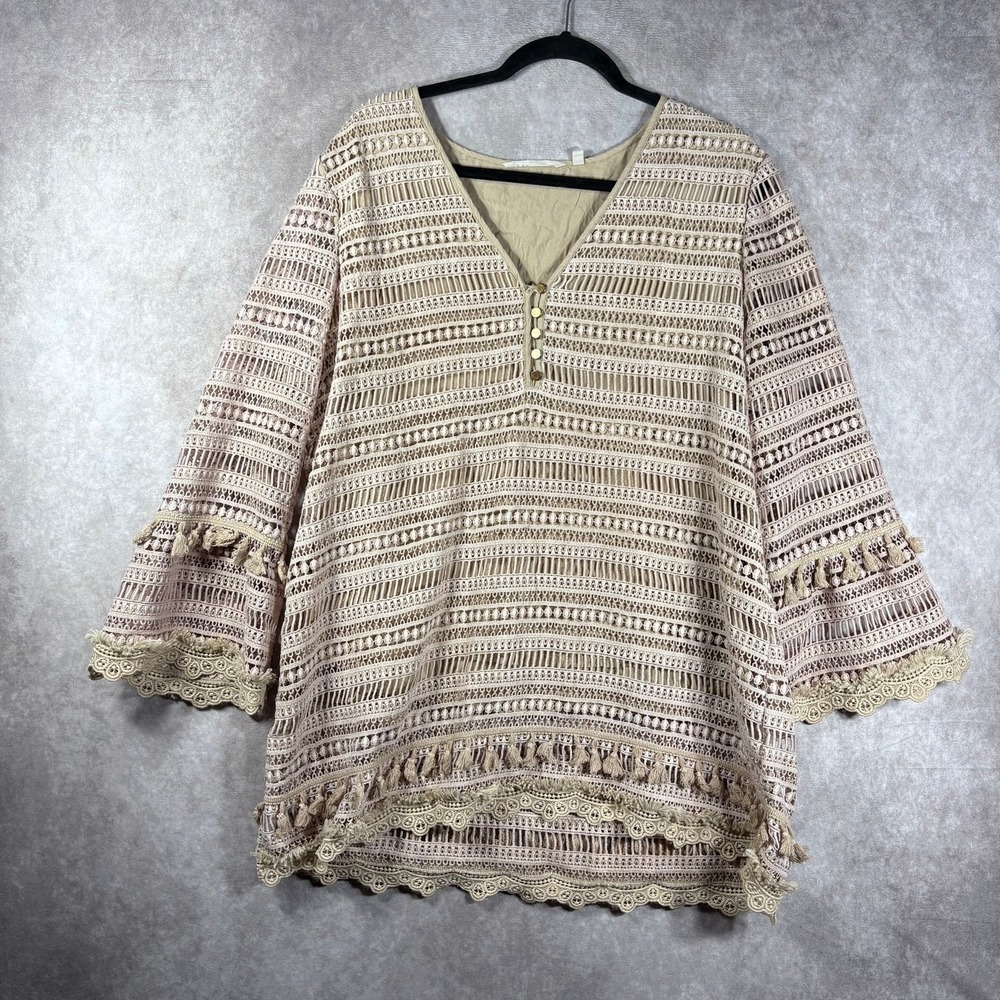 Soft Surroundings Adelita Lace Top Womens Size XL Tan Tunic 3/4 Sleeves Boho‎